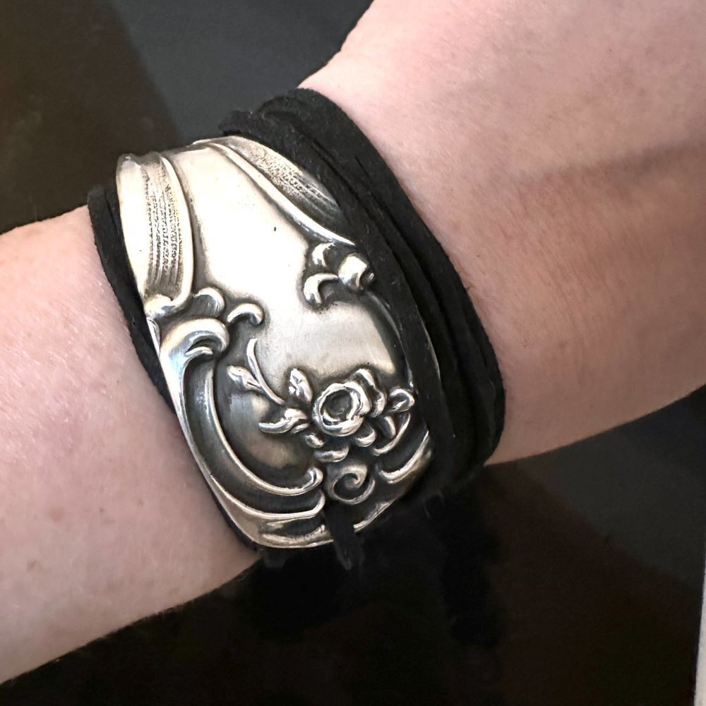 Sterling Silver Leather Cuff Bracelet Tie Wrap Yoga Antique 925 Boho Gift Suede - Picture 3 of 10